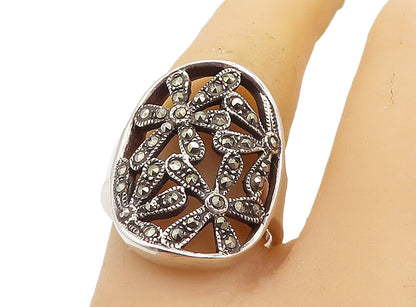 925 Sterling Silver  Marcasite Open Retro Flowers Cocktail Ring Sz 7.5  RG8323