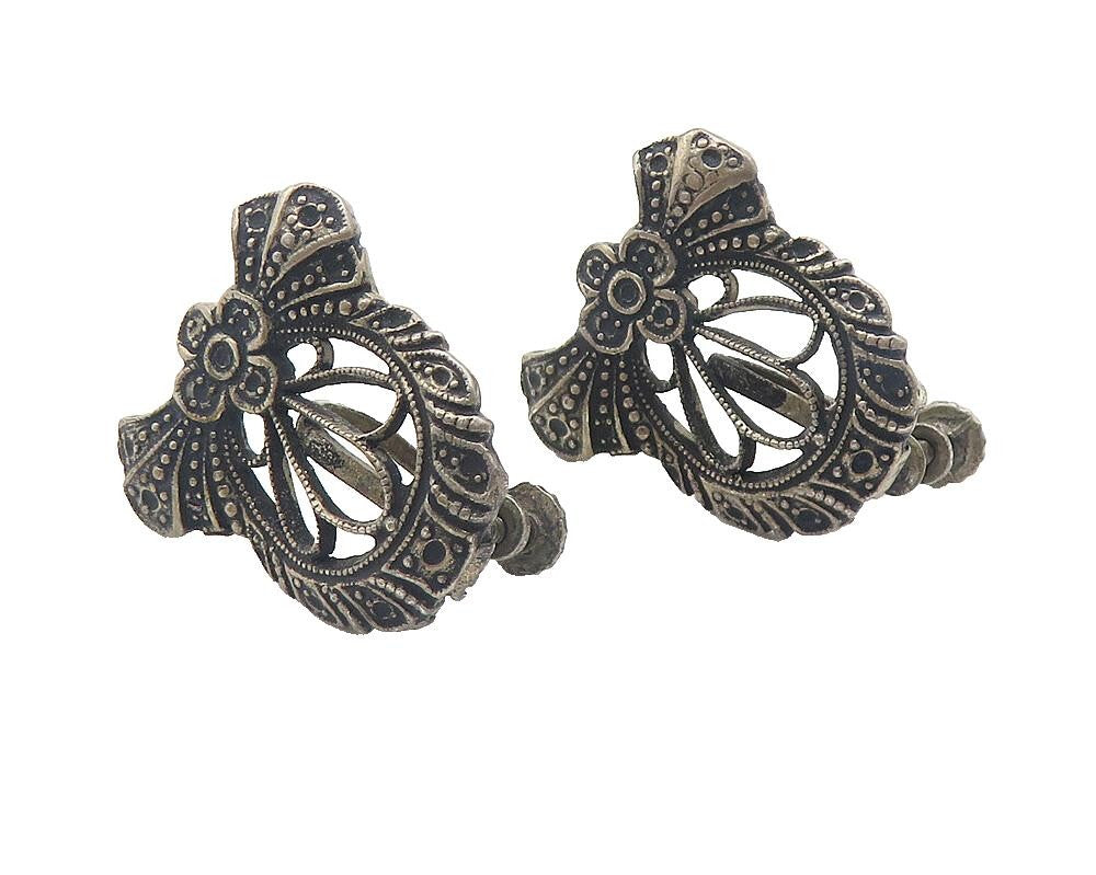 925 Sterling Silver  Vintage Oxidized Flower Ribbon Non Pierce Earrings EG5968