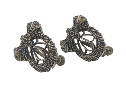 925 Sterling Silver  Vintage Oxidized Flower Ribbon Non Pierce Earrings EG5968