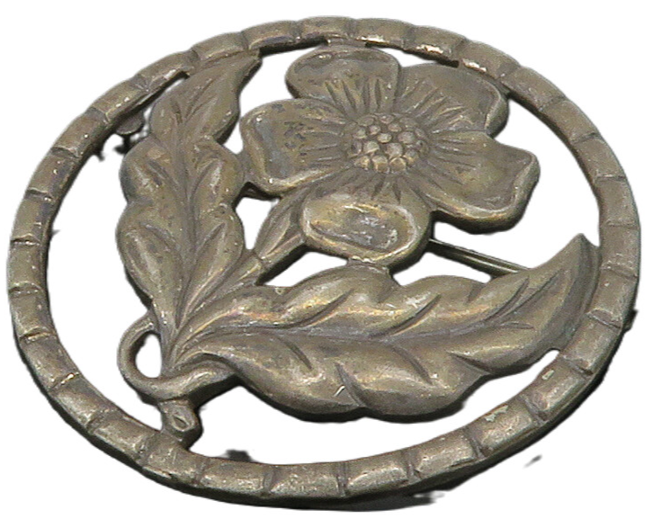 925 Sterling Silver  Vintage Dark Tone Single Flower Round Brooch Pin  BP5708