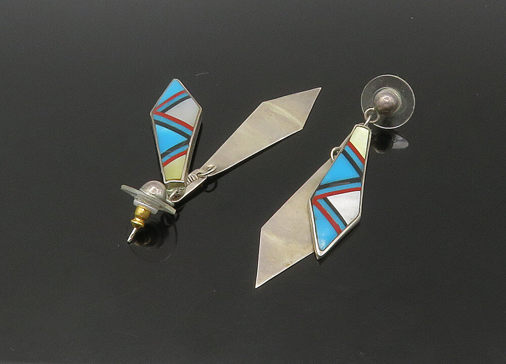 NAVAJO 925 Silver  Vintage Turquoise & Mother Of Pearl Dangle Earrings EG11083