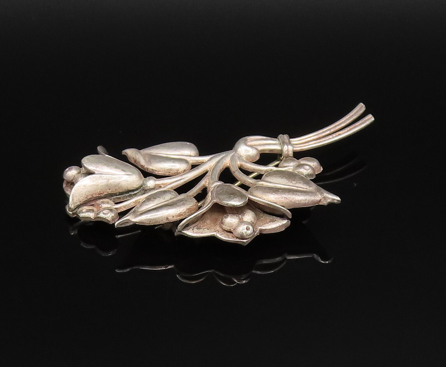 NORSELAND 925 Silver  Vintage Carved Tulip Flower Bouquet Brooch Pin  BP9803