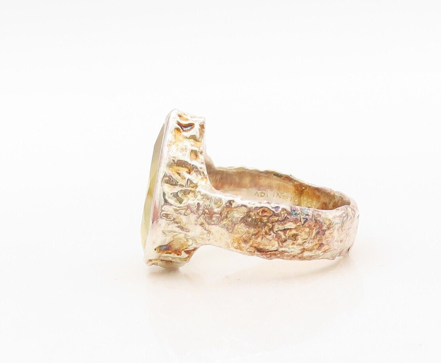 925 Sterling Silver Vintage Ring Hammered Effect Drop Cut Citrine  Sz 8  RG30433