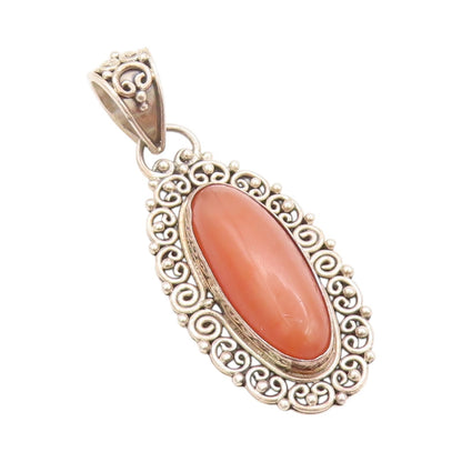 925 Sterling Silver Vintage Pendant BALI Carnelian Halo Swirly Cutouts  PT24196
