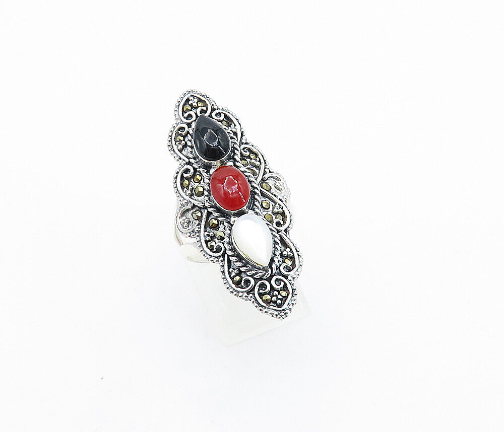925 Silver  Victorian Mother Of Pearl Onyx & Coral Cocktail Ring Sz 7.5 RG7900