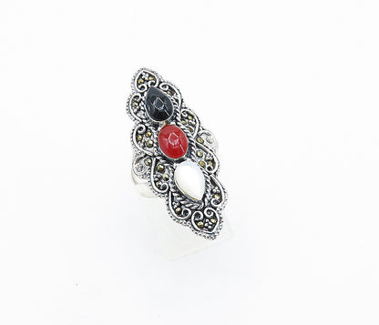 925 Silver  Victorian Mother Of Pearl Onyx & Coral Cocktail Ring Sz 7.5 RG7900