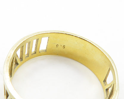 925 Silver  Vintage Shiny Gold Plated Roman Numerals Band Ring Sz 7  RG19373