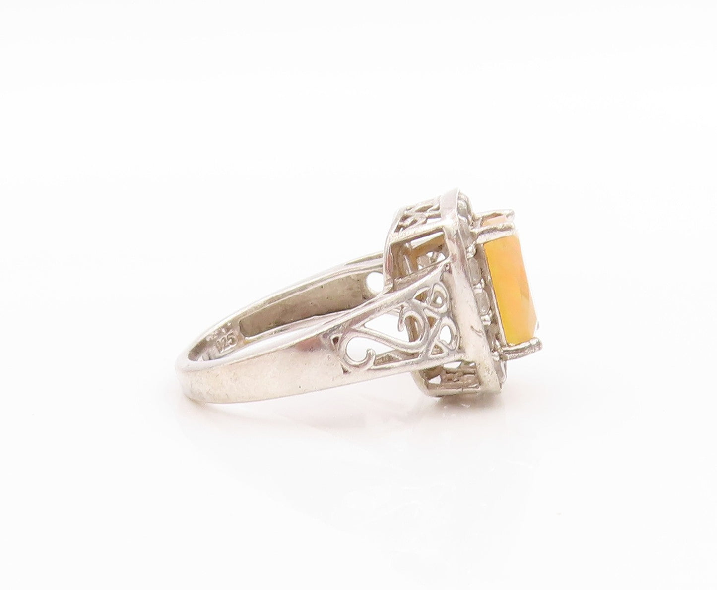 925 Sterling Silver Vintage Ring Fire Opal & Halo CZ Inlay Band  Sz 6.5  RG33479