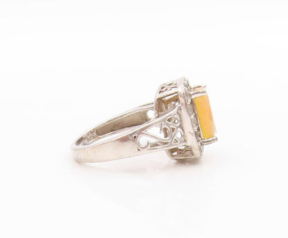 925 Sterling Silver Vintage Ring Fire Opal & Halo CZ Inlay Band  Sz 6.5  RG33479