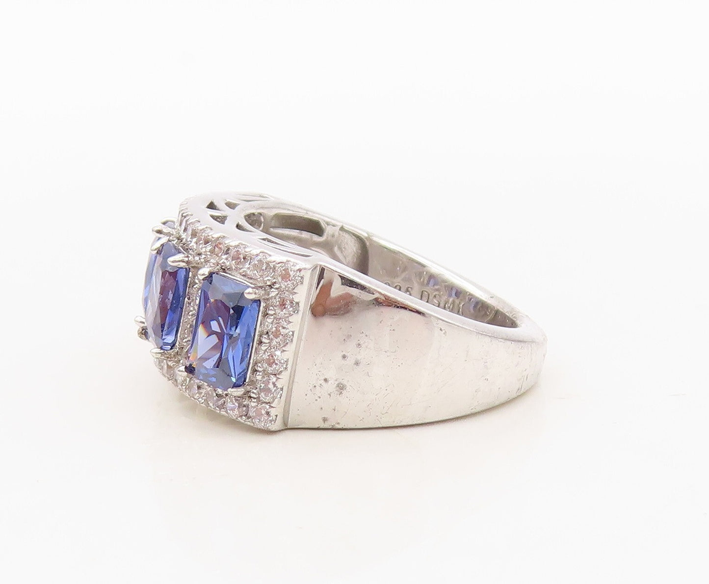 925 Sterling Silver Vintage Ring Rectangle Sapphire & CZ Inlay  Sz 7  RG30345