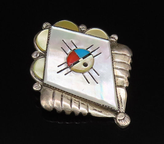 ZUNI NAVAJO 925 Silver  Vintage Mother Of Pearl & Stones Brooch Pin  BP10043