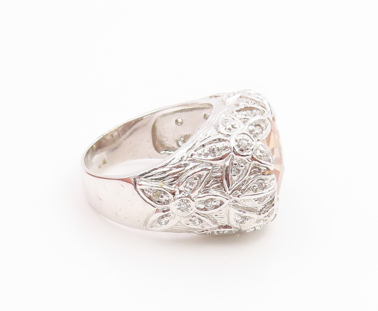 925 Sterling Silver Vintage Ring Citrine & CZ Floral Motif Band  Sz 8  RG35373