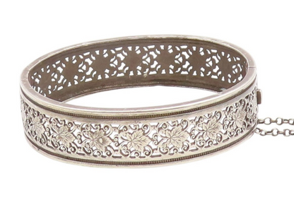 925 Sterling Silver Vintage Bracelet Antique Floral Openwork Bangle  BT12011