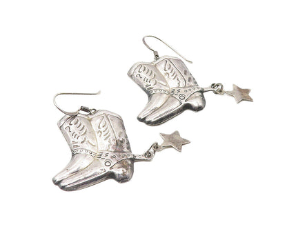 925 Sterling Silver  Vintage Pair Of Cowboy Boots Motif Drop Earrings  EG5876