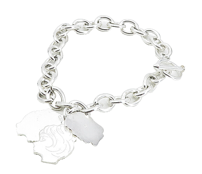 925 Sterling Silver  Shiny Etched Women's Head Charm Chain Bracelet  BT3912