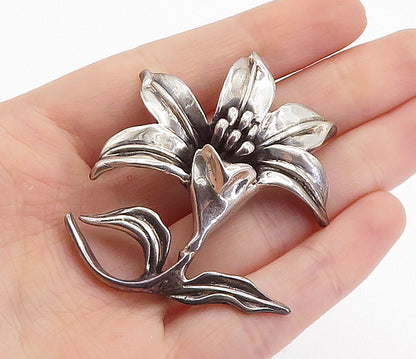 MEXICO 925 Sterling Silver  Vintage Shiny Sculpted Flower Brooch Pin  BP2402
