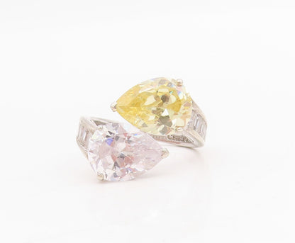 925 Sterling Silver Vintage Ring Drop Cut Citrine & CZ Bypass  Sz 7  RG31727