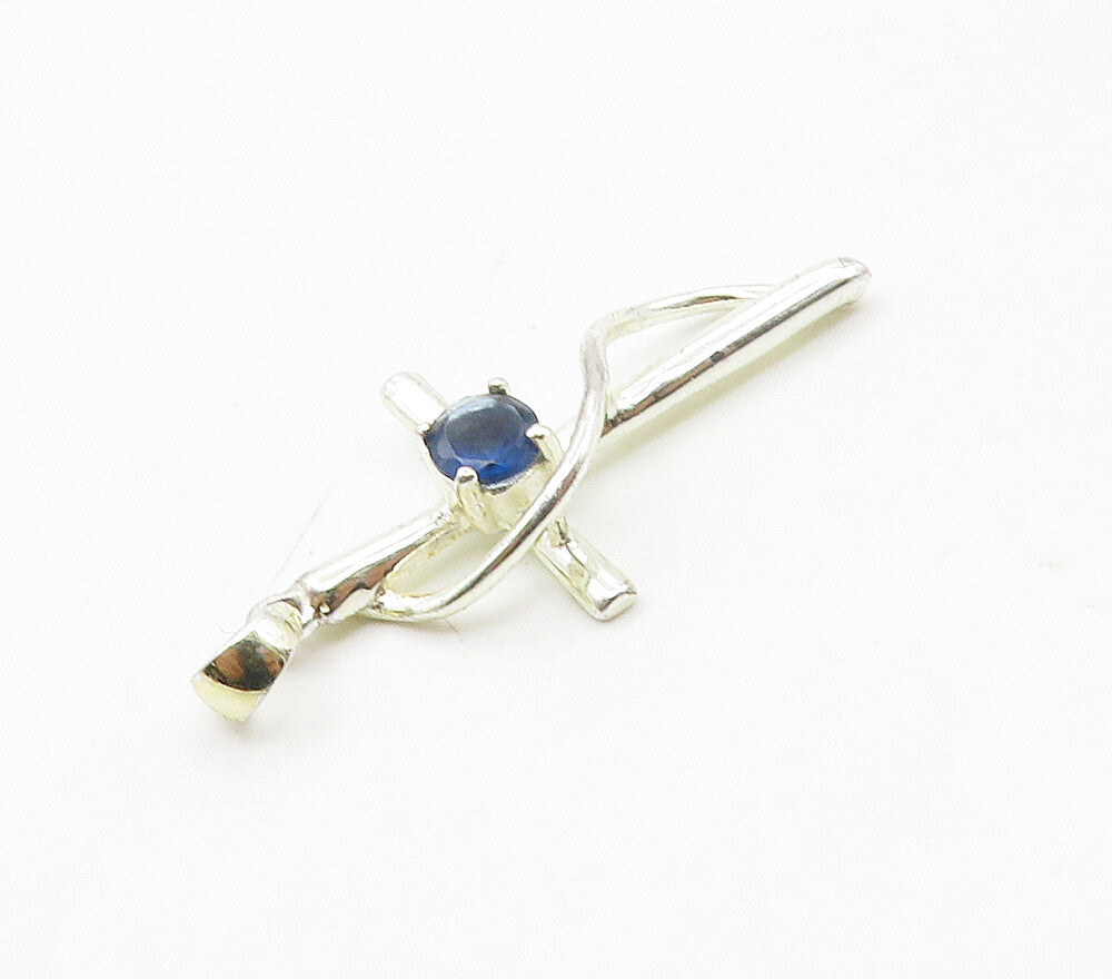 925 Sterling Silver   Blue Topaz Shiny Petite Religious Cross Pendant  PT12767