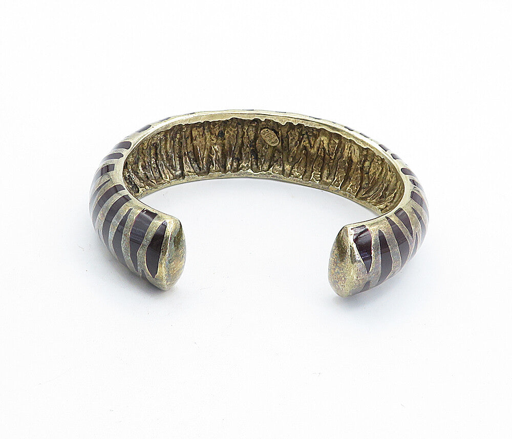 925 Sterling Silver Vintage Enamel Coated Zebra Striped Cuff Bracelet BT2066