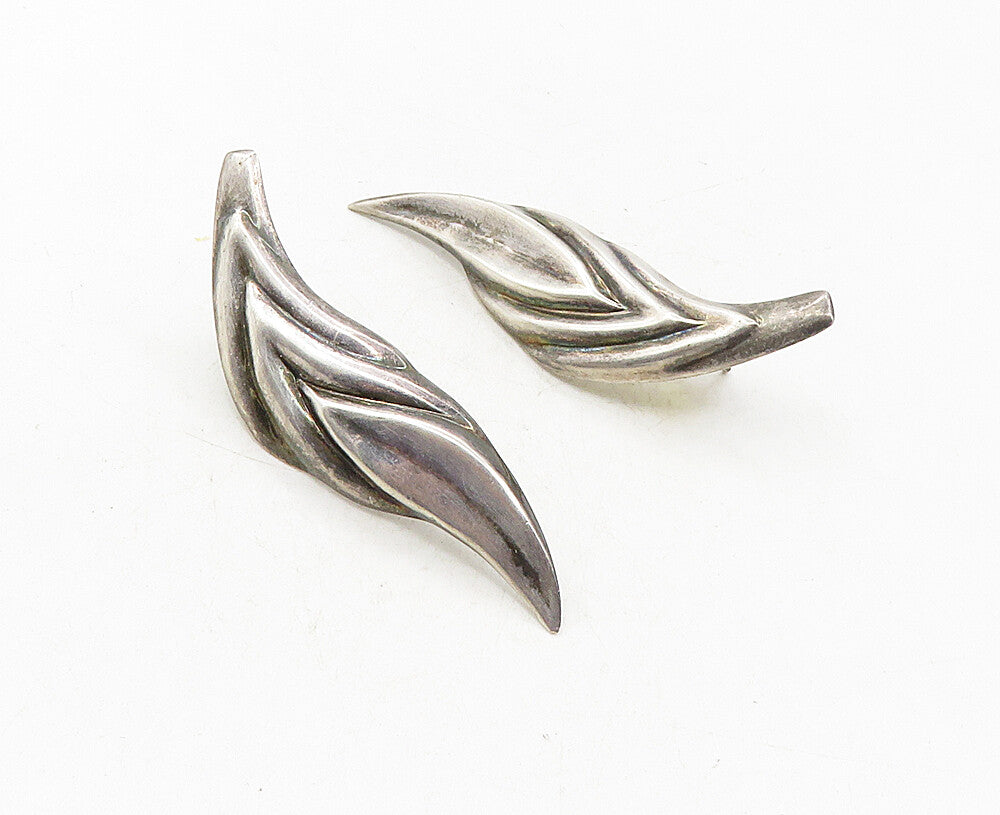 925 Sterling Silver  Vintage Dark Tone Leaf Feather Motif Drop Earrings EG4947
