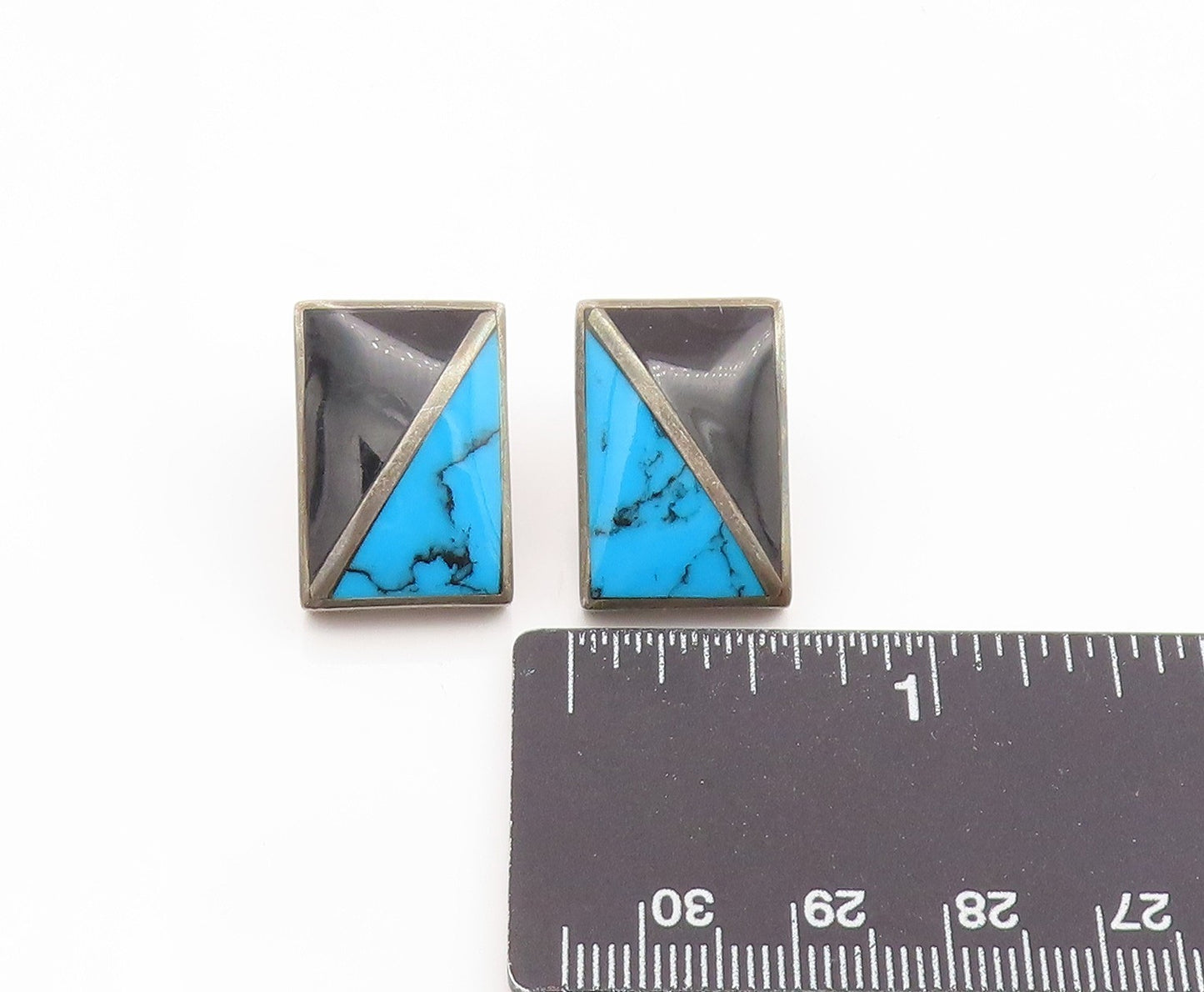 925 Sterling Silver Vintage Earrings MEXICO Turquoise & Onyx Inlay Stud  EG14154