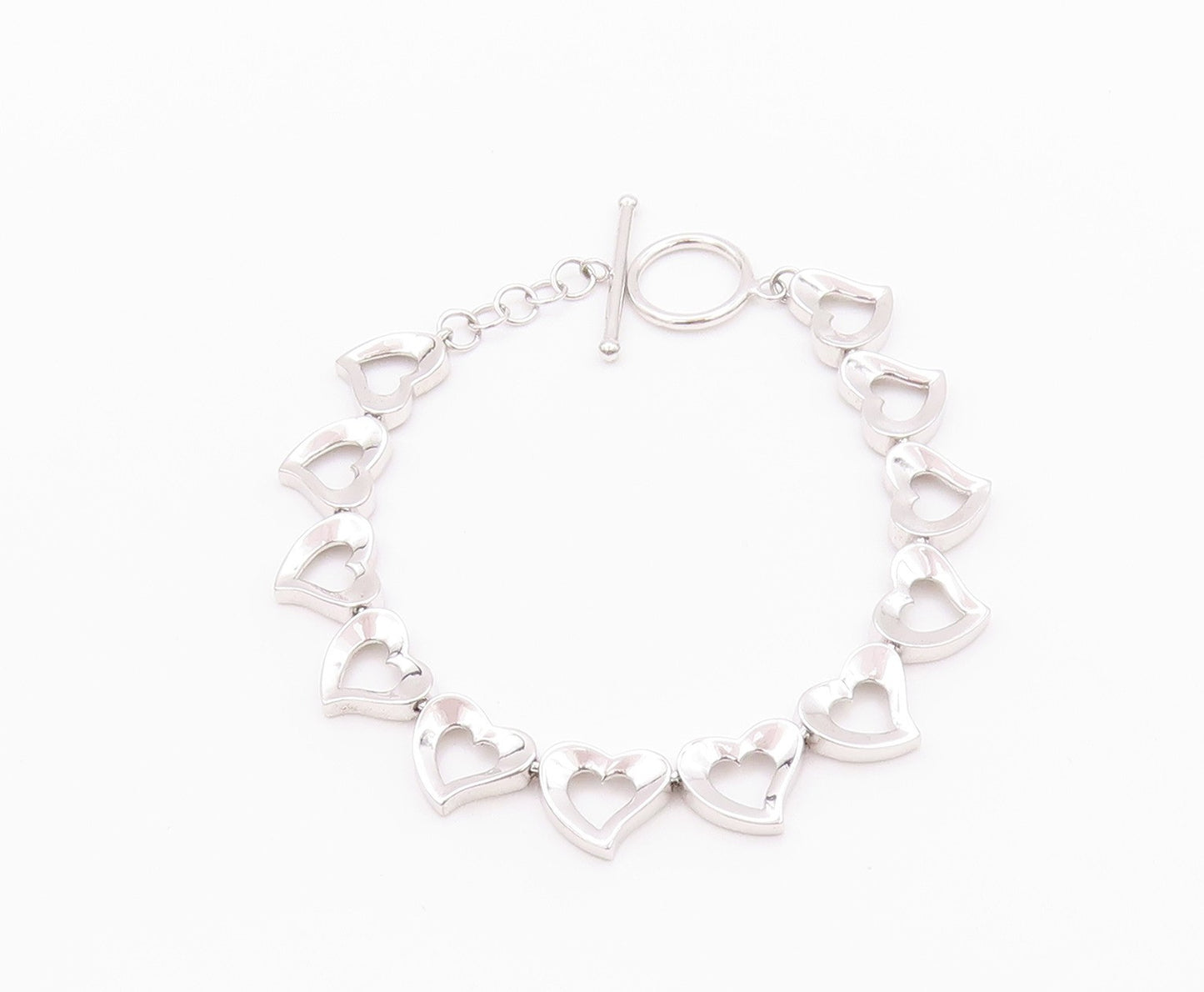 925 Sterling Silver Vintage Bracelet Linked Cutout Hearts Toggle Lock  BT11273