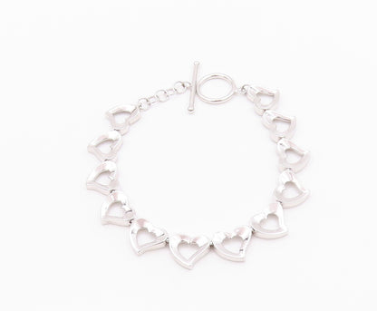 925 Sterling Silver Vintage Bracelet Linked Cutout Hearts Toggle Lock  BT11273
