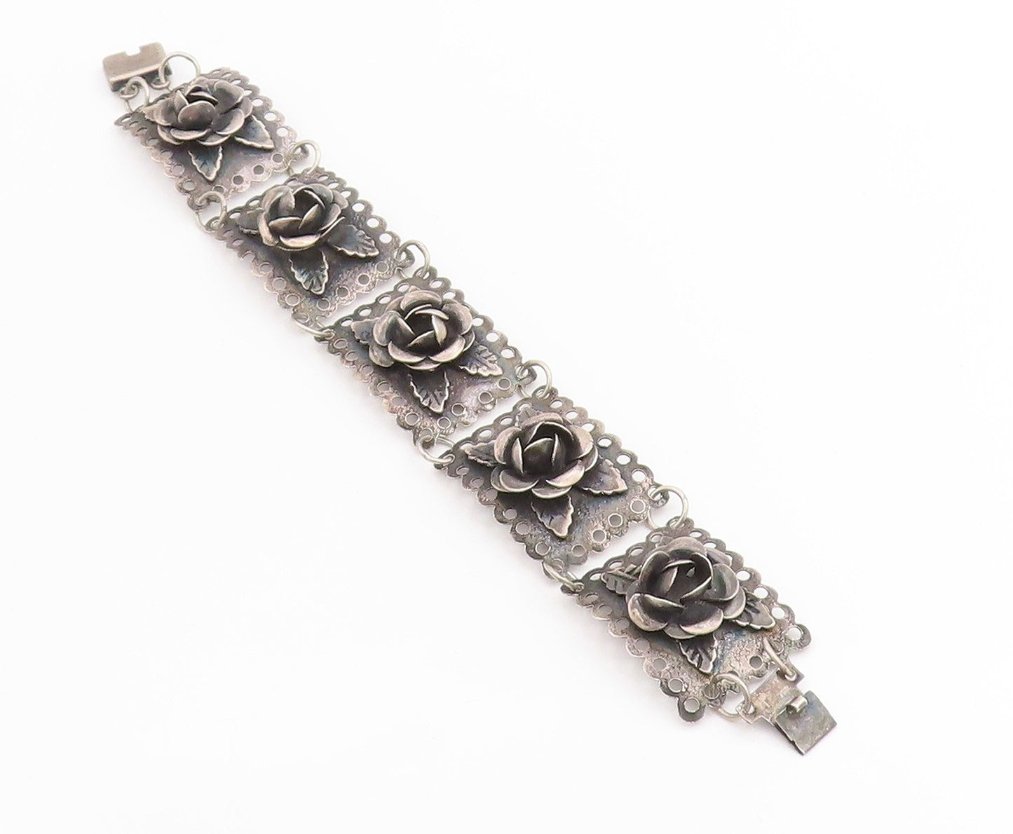 925 Sterling Silver Vintage Bracelet Dark Tone Floral Roses Link Chain  BT11429