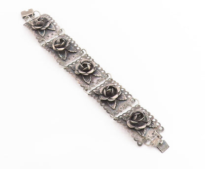 925 Sterling Silver Vintage Bracelet Dark Tone Floral Roses Link Chain  BT11429