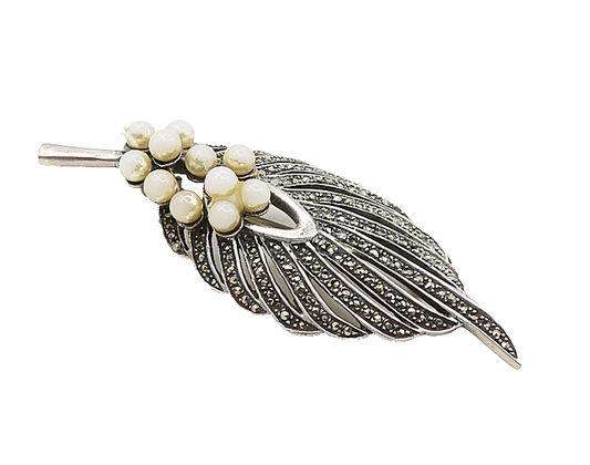 925 Sterling Silver  Vintage Quartz & Marcasite Feather Brooch Pin  BP3442
