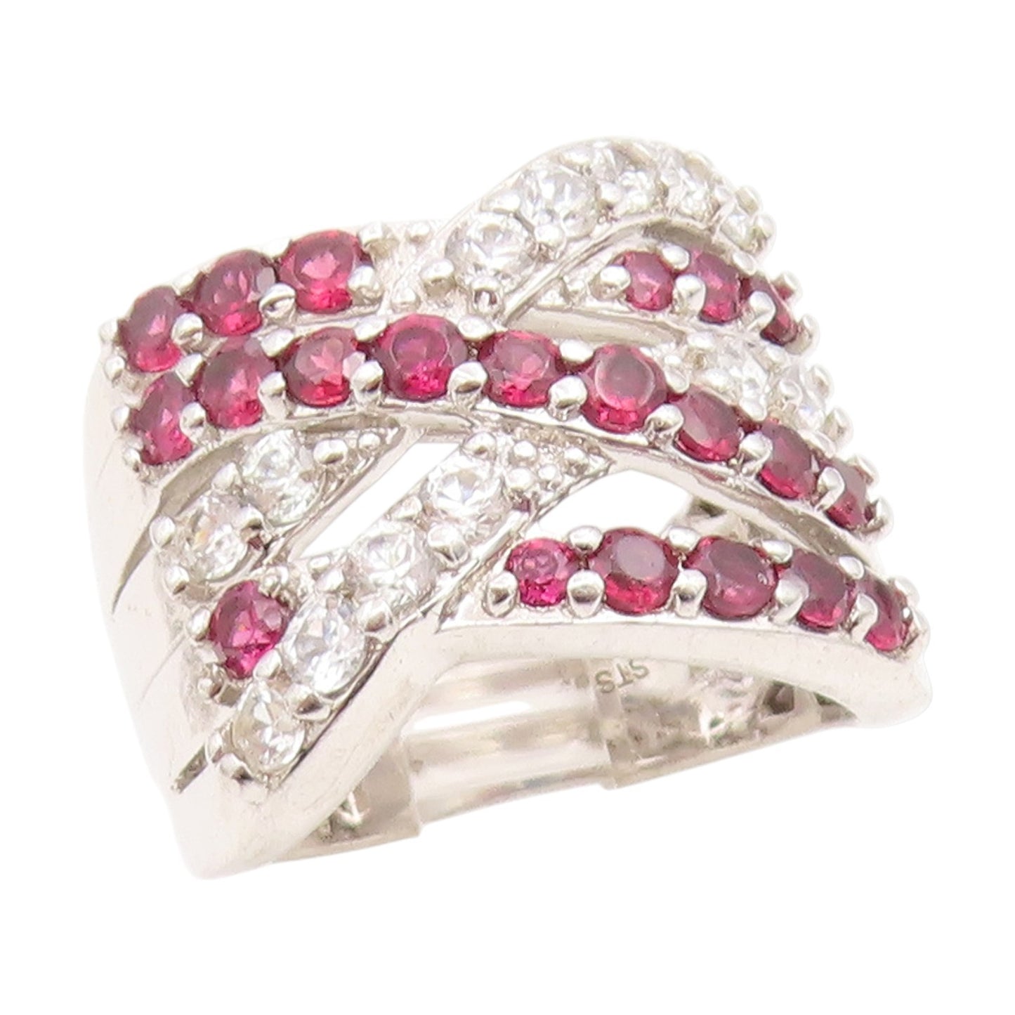 925 Sterling Silver Vintage Ring Pink Topaz & CZ Crossover Band  Sz 7  RG34919