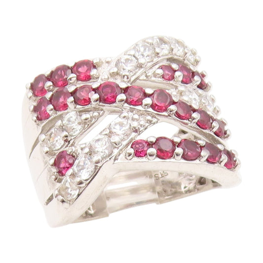 925 Sterling Silver Vintage Ring Pink Topaz & CZ Crossover Band  Sz 7  RG34919