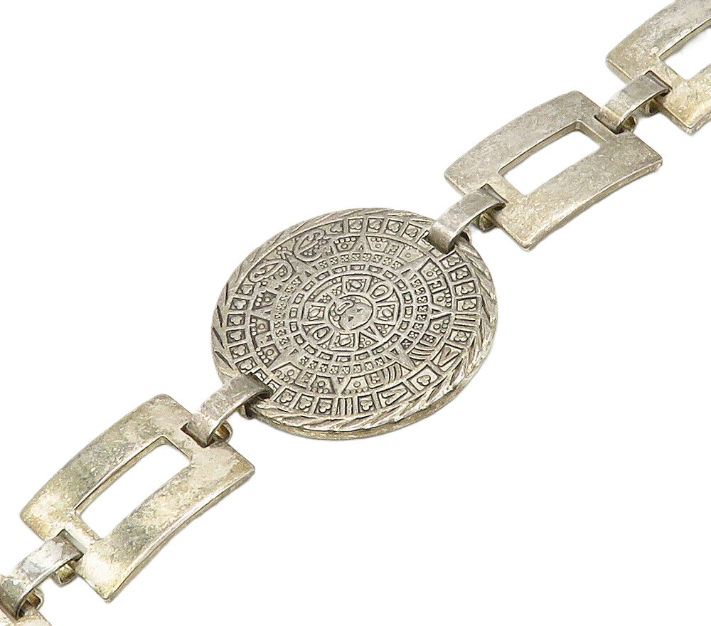 MEXICO 925 Sterling Silver  Vintage Mayan Sun Calendar Chain Bracelet  BT6292