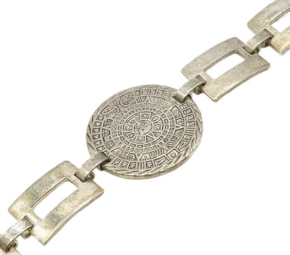 MEXICO 925 Sterling Silver  Vintage Mayan Sun Calendar Chain Bracelet  BT6292