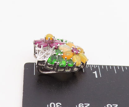 925 Sterling Silver Vintage Pendant Elegant Multi Gemstone Floral Charm  PT25856