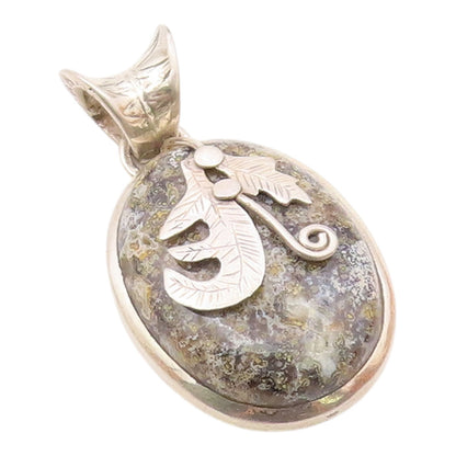 925 Sterling Silver  Vintage Cabochon Cut Jasper Floral Leaf Pendant  PT7915