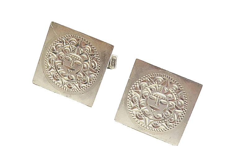 MEXICO 925 Sterling Silver  Vintage Mayan Aztec Sun Calendar Cuff Links TR1558