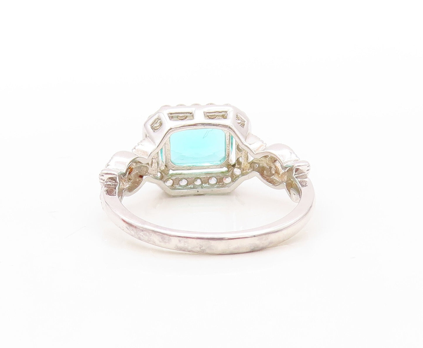 925 Sterling Silver Vintage Ring Rectangle Sea Green Halo White CZ  Sz 7 RG30851