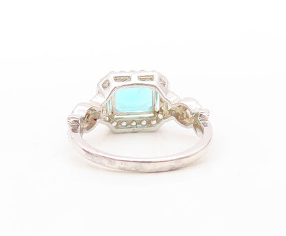 925 Sterling Silver Vintage Ring Rectangle Sea Green Halo White CZ  Sz 7 RG30851