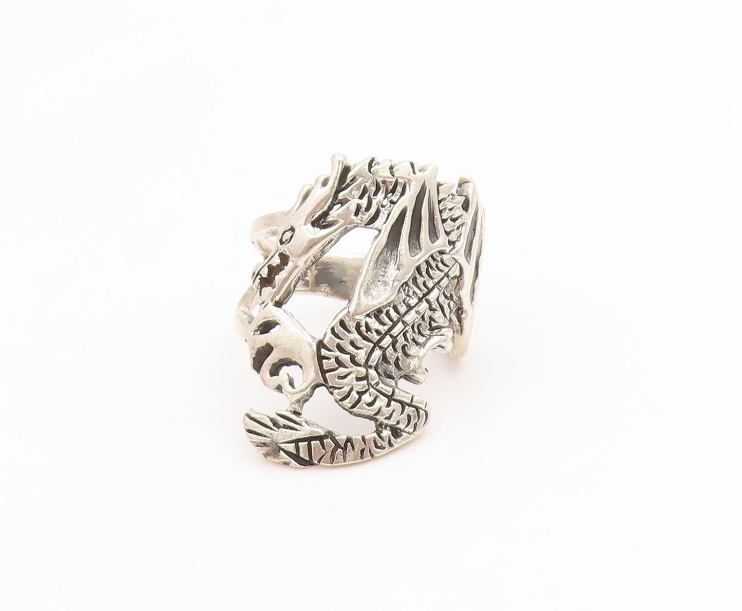 925 Sterling Silver Vintage Ring Intricate Winged Dragon Band  Sz 6  RG35995