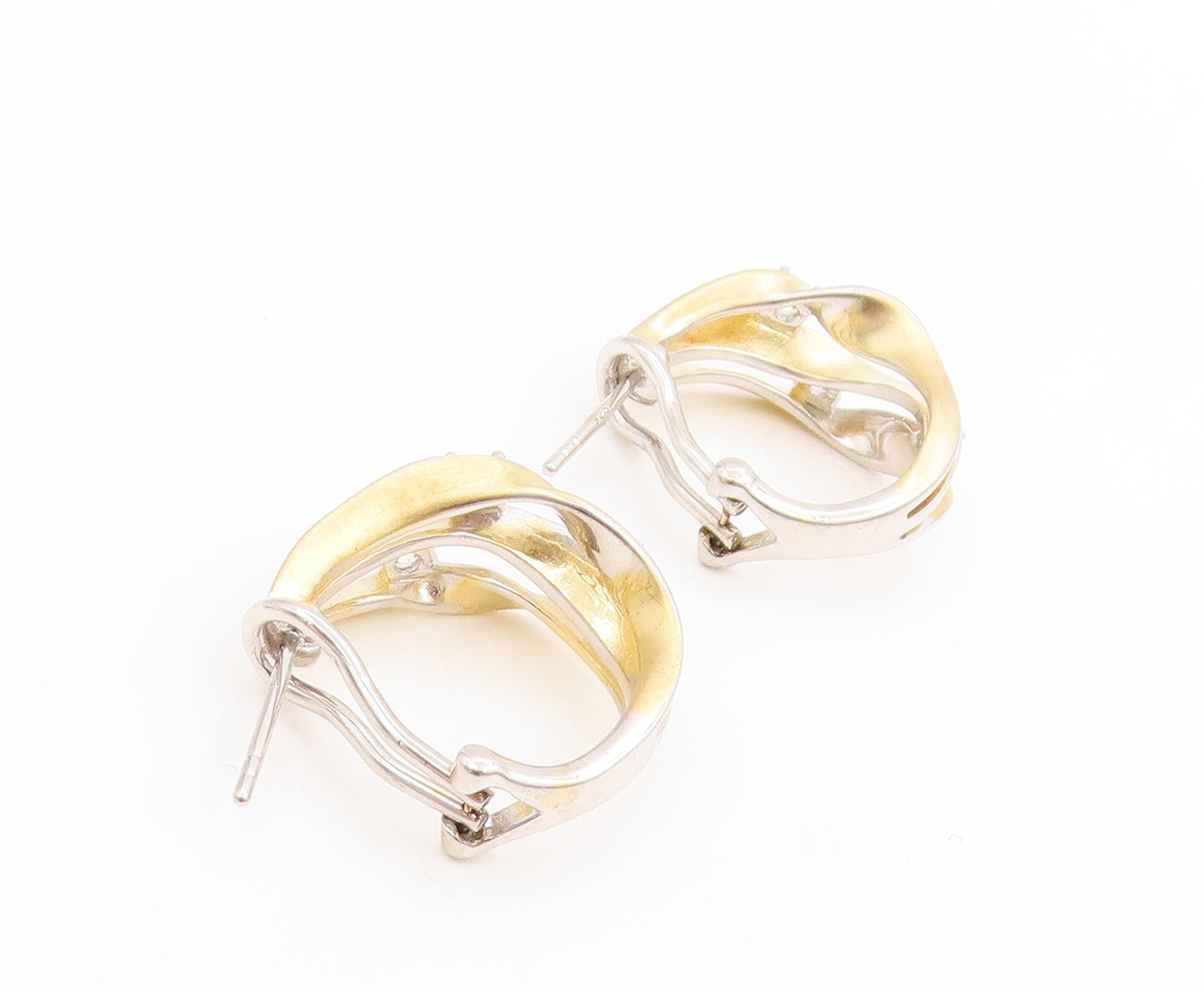 925 Sterling Silver Vintage Earrings Two Tone CZ Modernist Wavy Hoops  EG14040