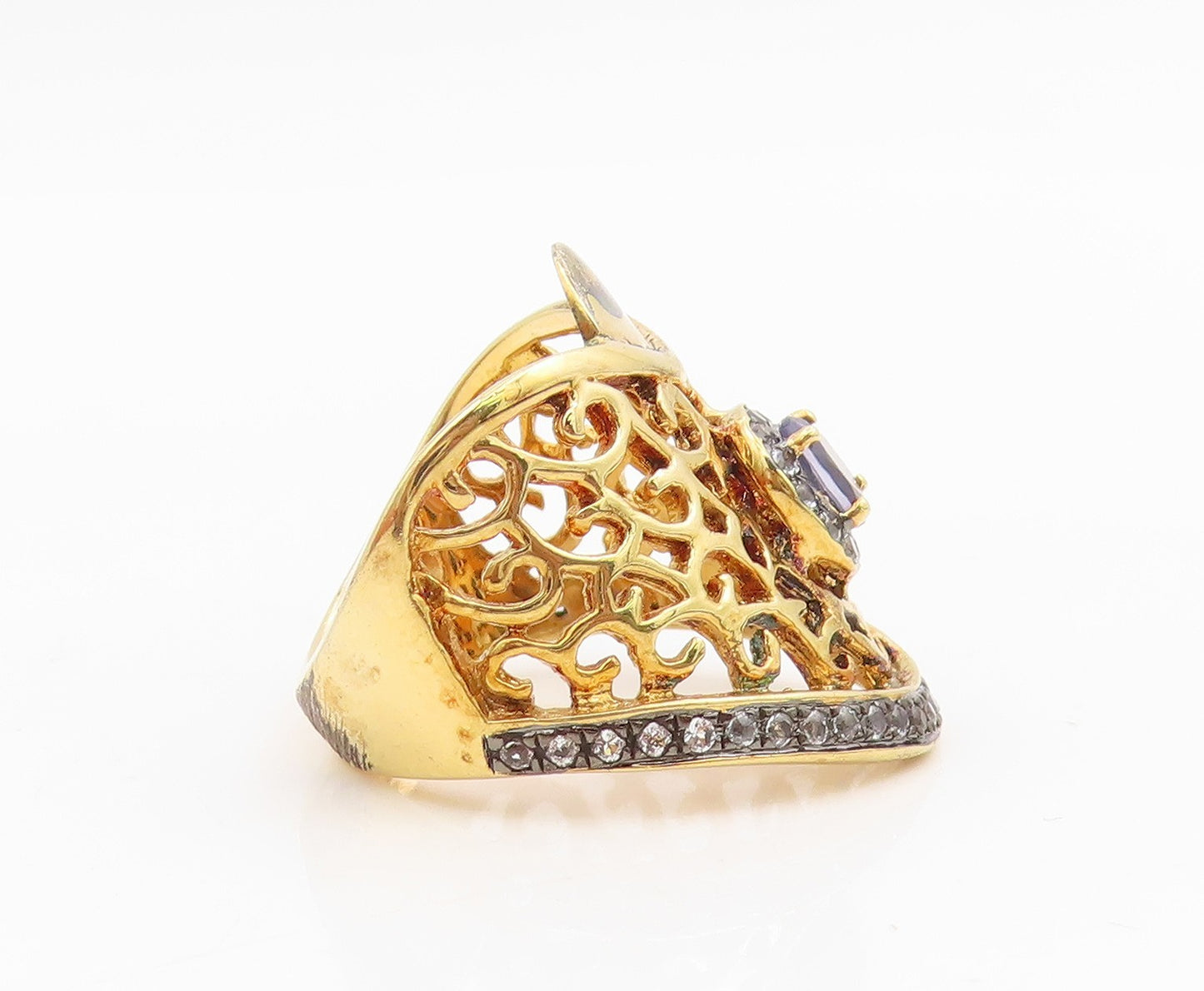 925 Sterling Silver Vintage Ring Gold Plated Real Topaz Openwork Sz 6.5 RG34967