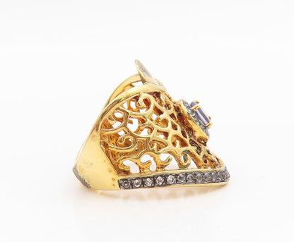 925 Sterling Silver Vintage Ring Gold Plated Real Topaz Openwork Sz 6.5 RG34967