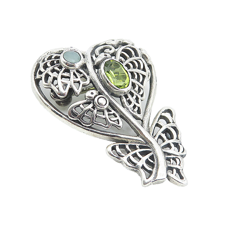 925 Sterling Silver  Vintage Topaz & Peridot Love Heart Brooch Pin  BP2925