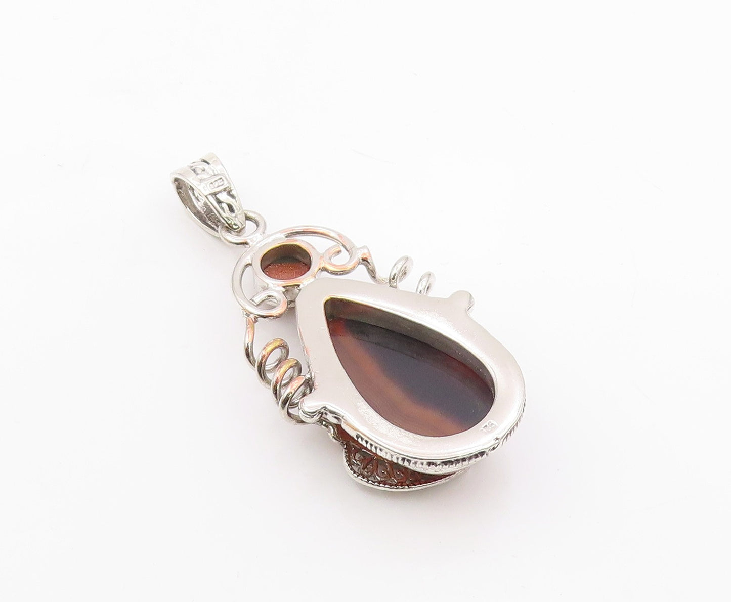 925 Sterling Silver  Agate & Goldstone Floral Leaf Swirl Pendant  PT10973