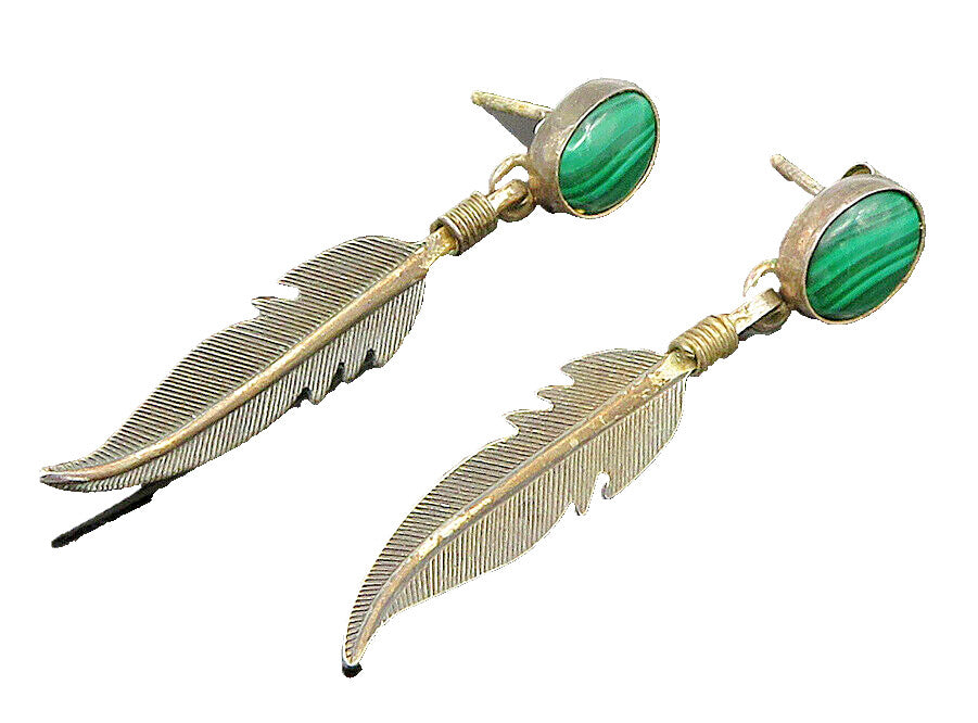 925 Sterling Silver Vintage Cabochon Cut Agate Feather Dangle Earrings EG11602