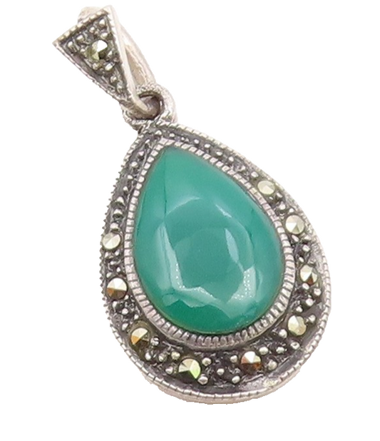 925 Sterling Silver   Vintage Green Carnelian & Marcasite Pendant  PT18276