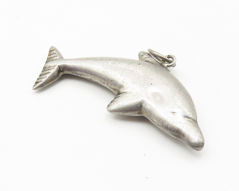 925 Sterling Silver  Vintage Hollow Leaping Dolphin Motif Drop Pendant  PT8207