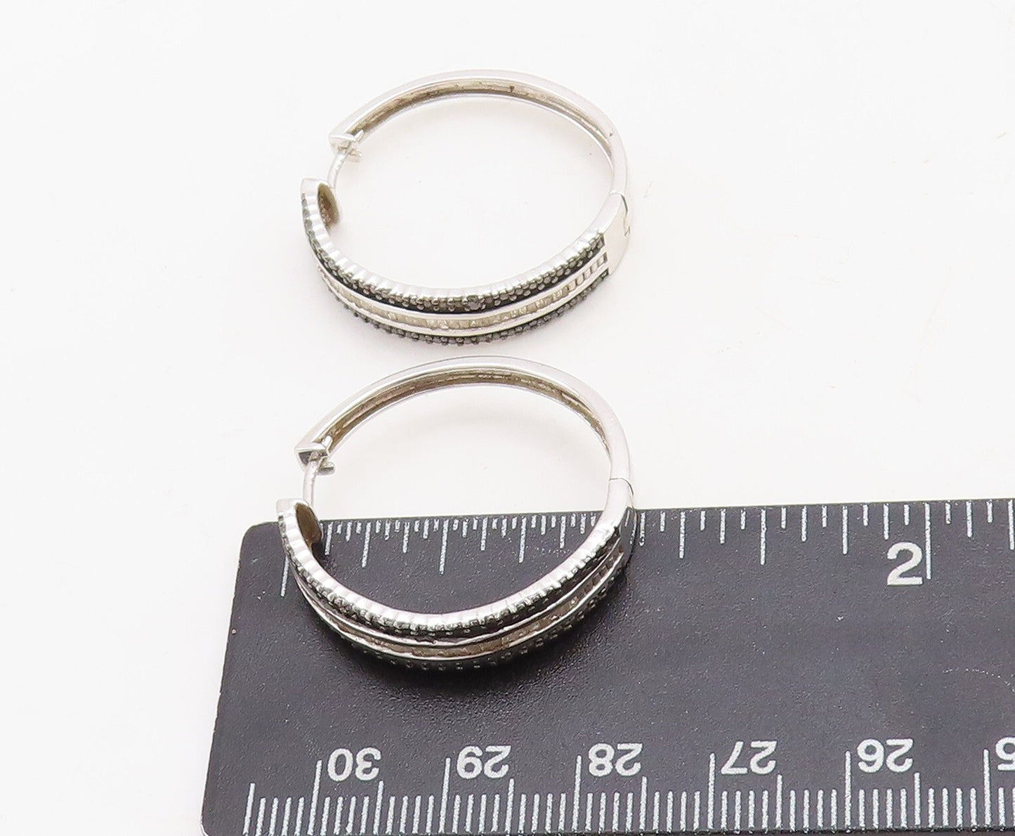925 Sterling Silver Vintage Earrings Black & White Diamonds Hoops  EG13291