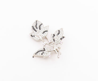 925 Silver  Vintage Cubic Zirconia & Black Spinel Floral Brooch Pin  BP8882